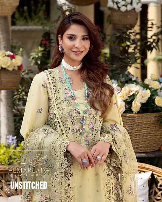 Elaf Mustard Unstitched Replica Lawn Cotton Suit with Cotton Net Dupatta