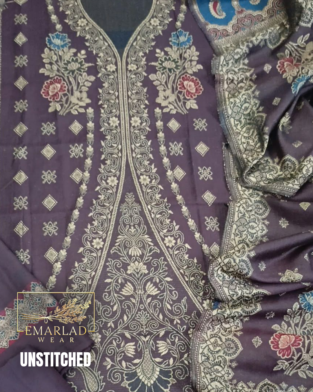 Purple Pashmina Jacquard 3 Piece Winter Suit