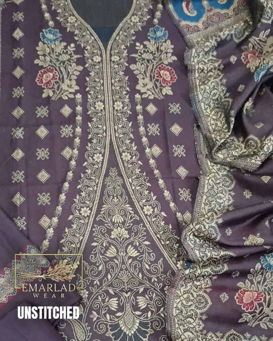 Purple Pashmina Jacquard 3 Piece Winter Suit