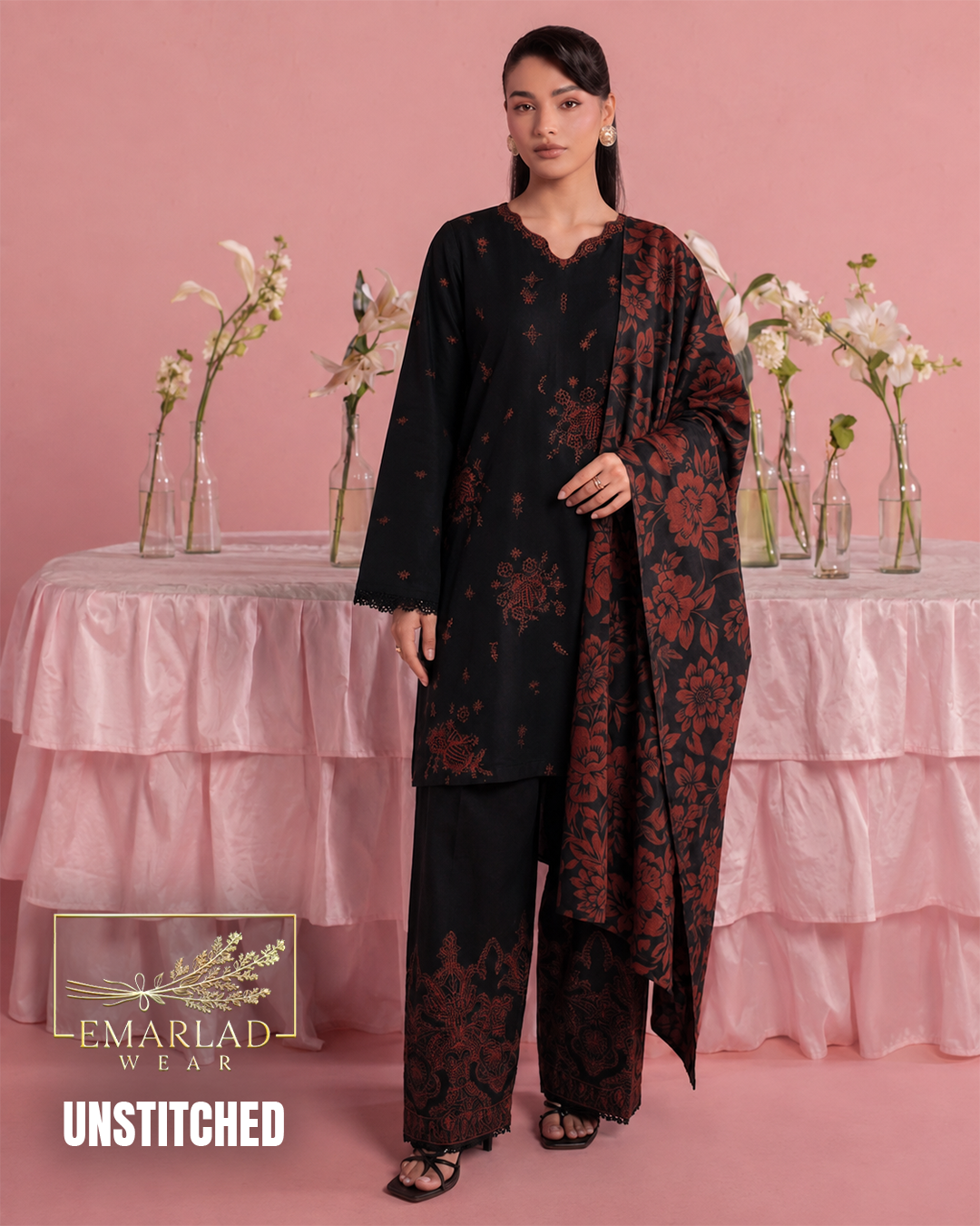 Maria B Black & Red Dhanak Winter Collection 3 Piece Unstitched Suit