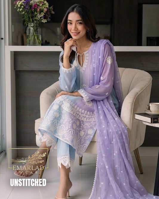 Ethnic Ferozi & Purple Tie Dye Chiffon Embroidered 3 Piece Suit