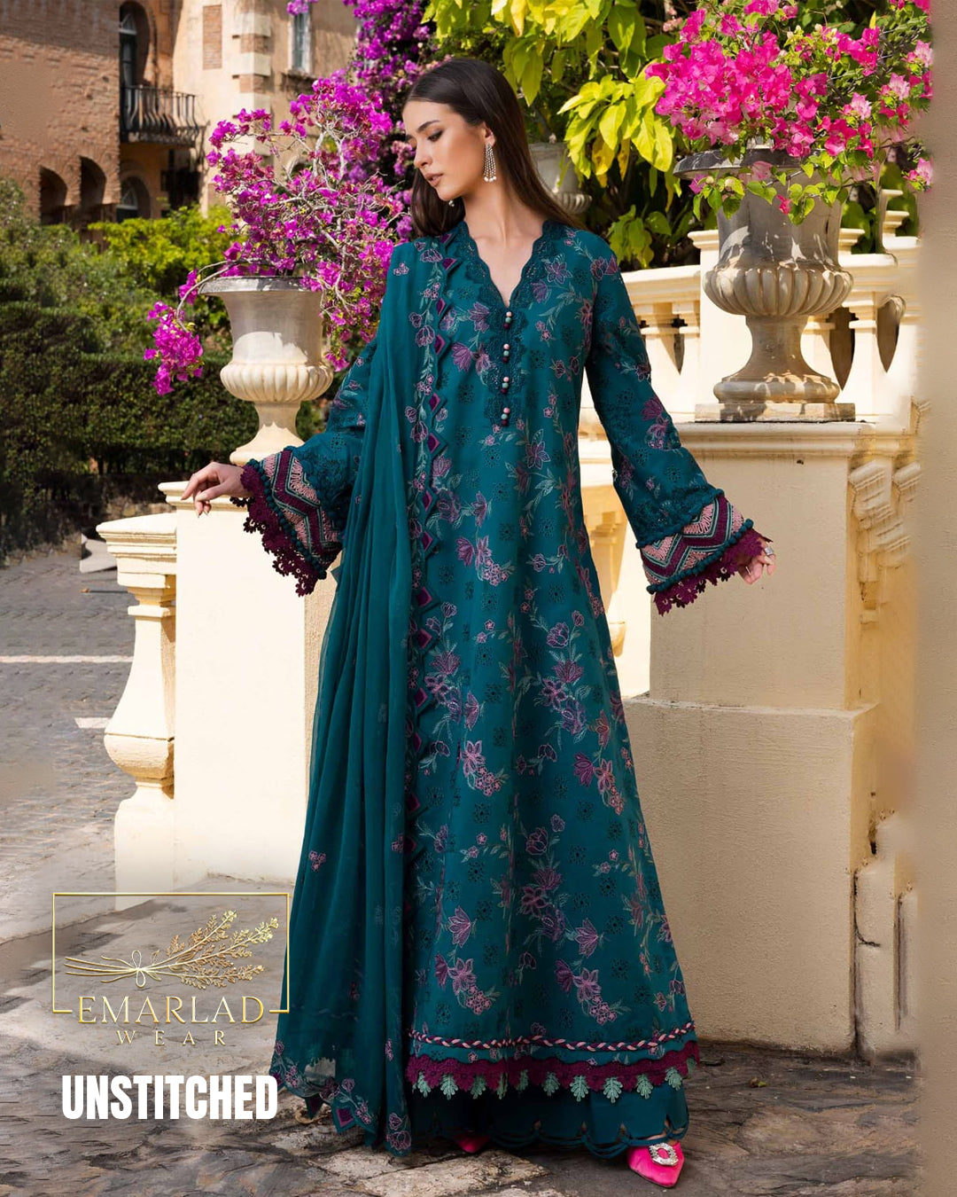 Maria B Luxury Lawn Collection Peacock Green Embroidered Dress with Or Emarlad Wear Maria B Luxury Lawn Collection Peacock Green Embroidered Dress with Or Emarlad Wear