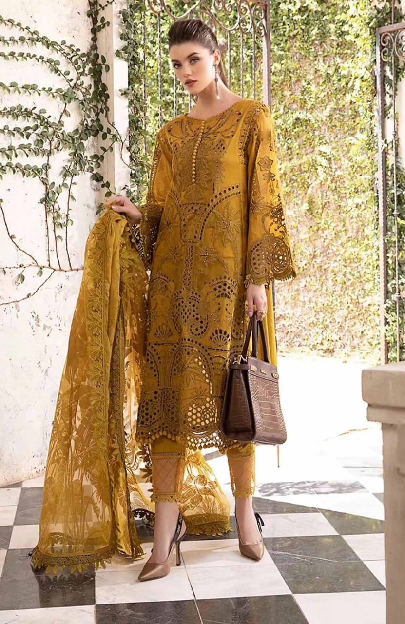 Maria B Mustard Pure Lawn Chikankari Embroidery Dress Emarlad Wear Maria B Mustard Pure Lawn Chikankari Embroidery Dress Emarlad Wear