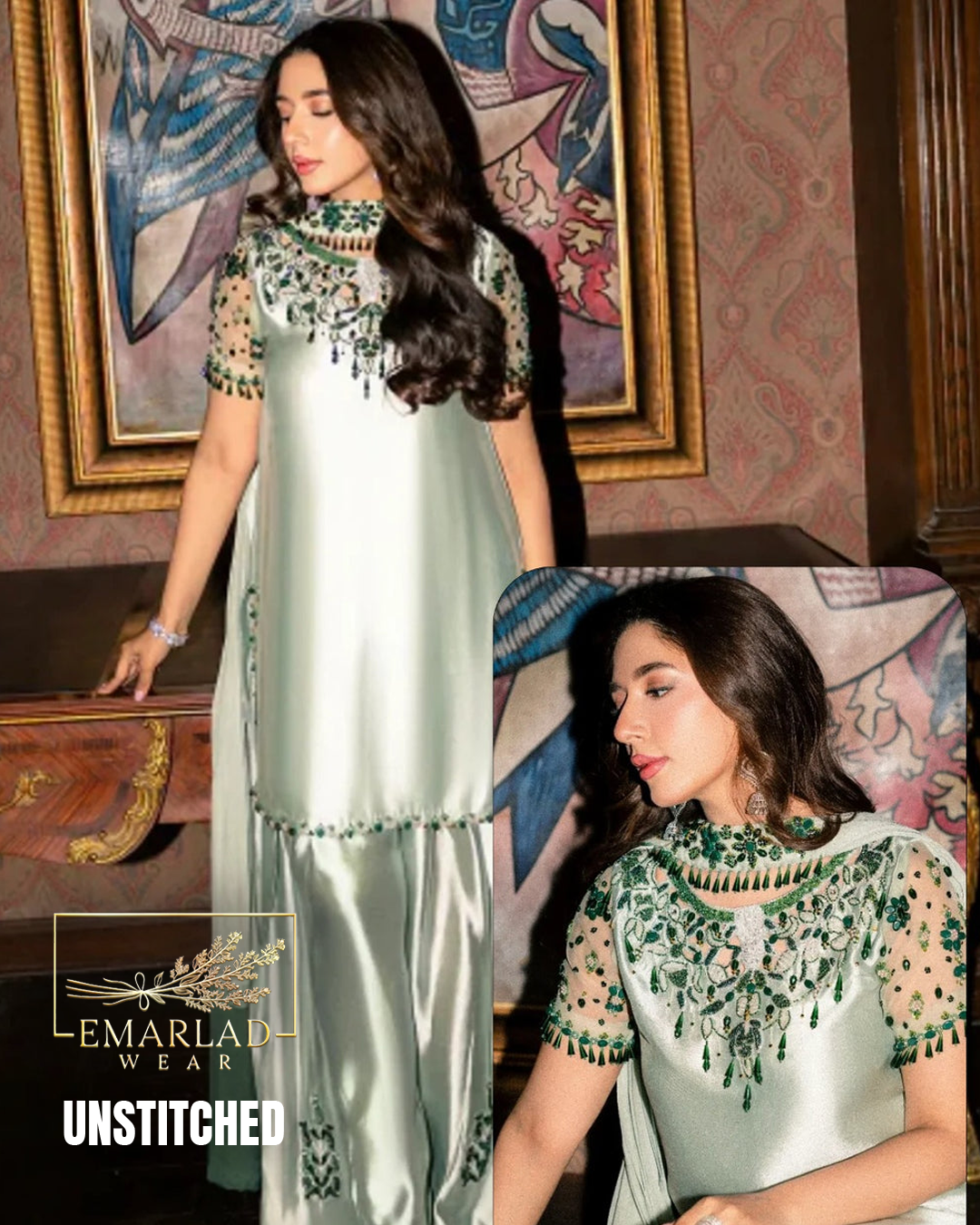 Emarladwear Ice Green Shamoze Silk Embroidered 3 Piece Suit