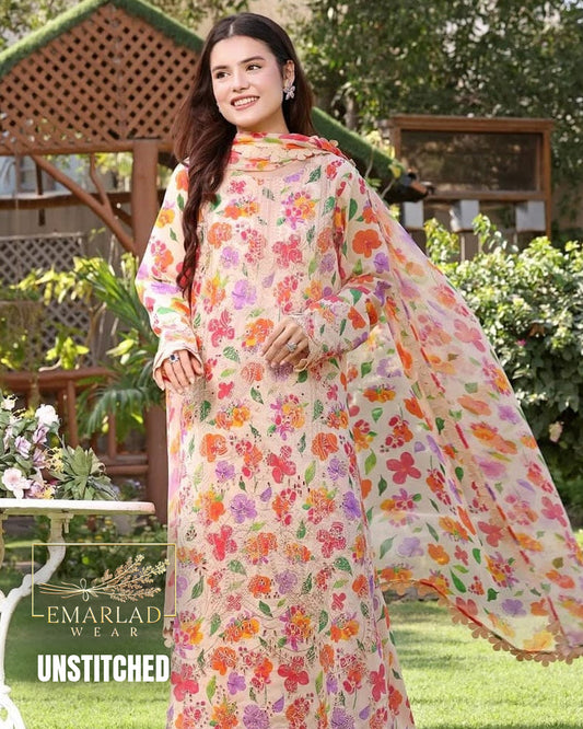 Aneelas Lawn Printed Chicken Kari Embroidered Dress with Chiffon Dupatta Skin Orange Multi