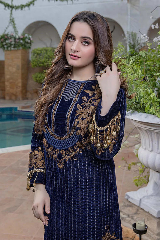Azure Navy blue Velvet Embroidery Dress 3pc