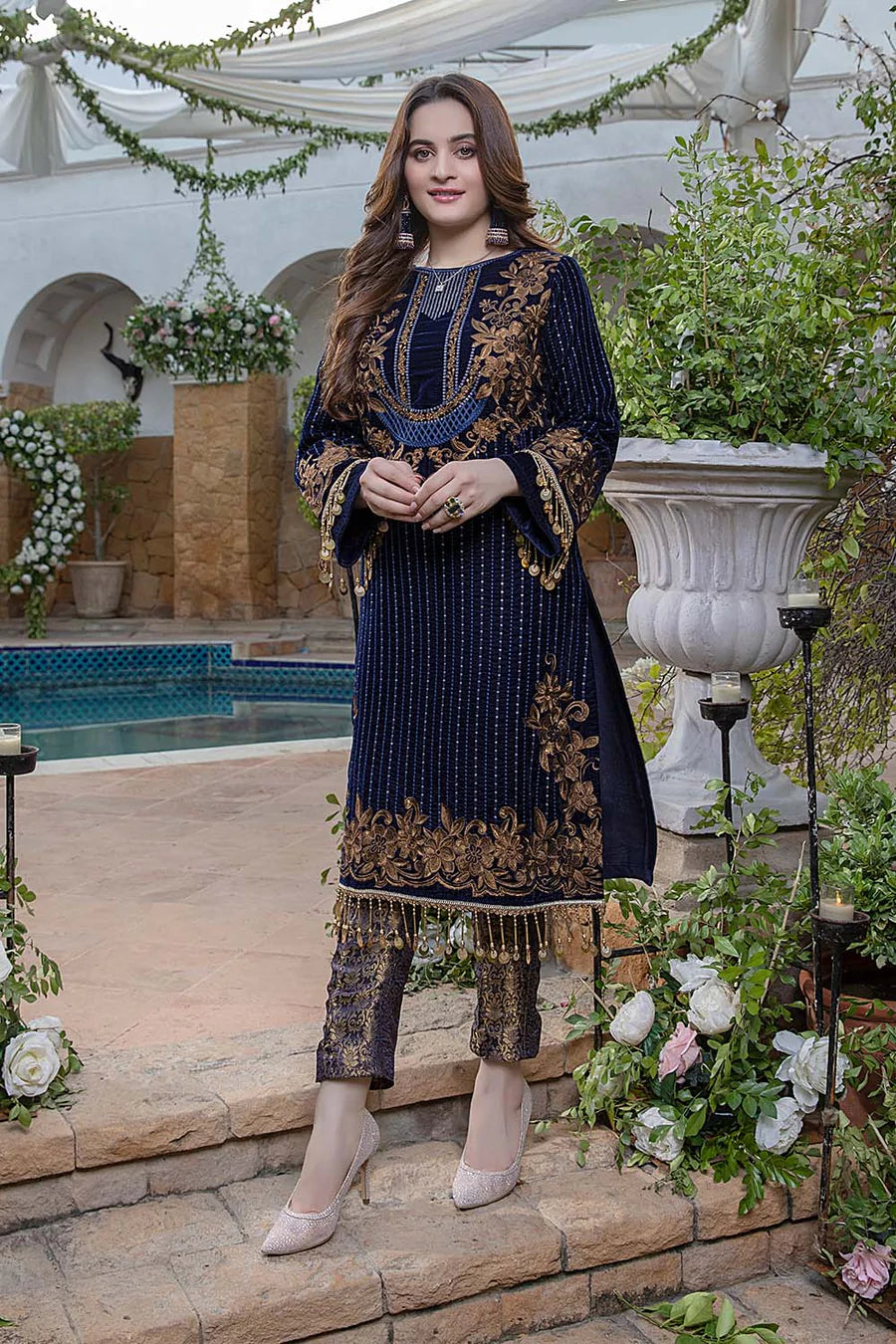 Azure Navy blue Velvet Embroidery Dress 3pc Emarlad Wear Azure Navy blue Velvet Embroidery Dress 3pc Emarlad Wear