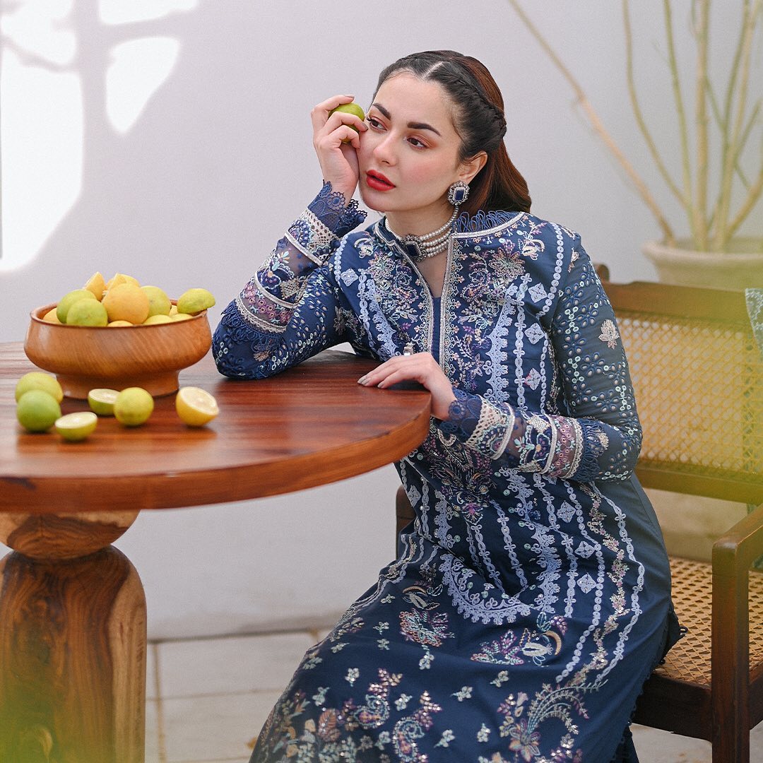Qalamkar Blue Embroidery Dress Chikankari Collection