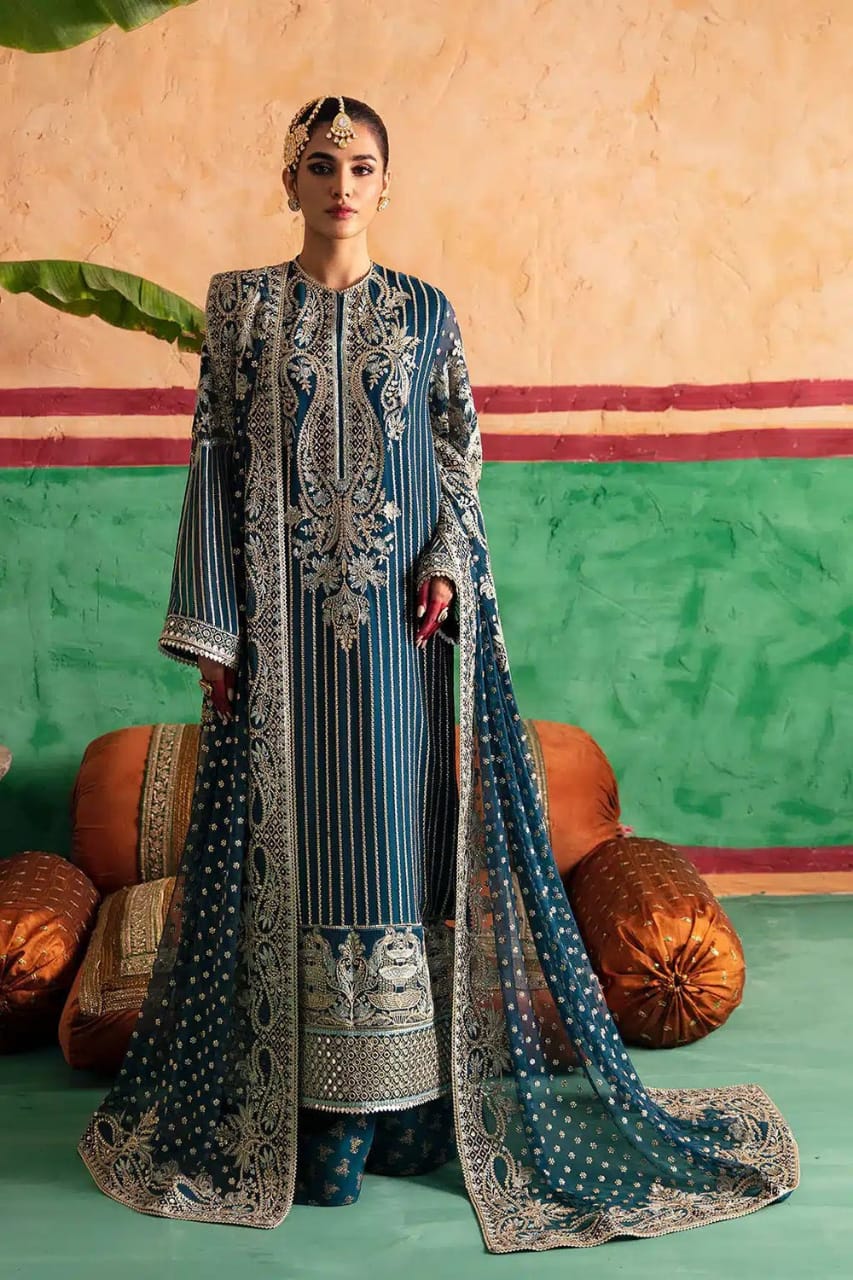 Afrozeh Amal blue chiffon embroidered dress – Emarlad Wear