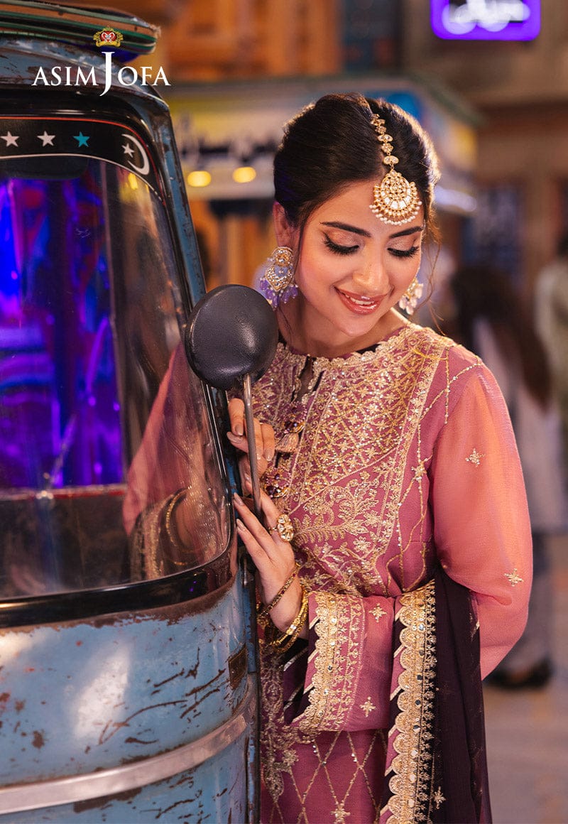 Asim jofa Embroidered Chiffon T-Pink