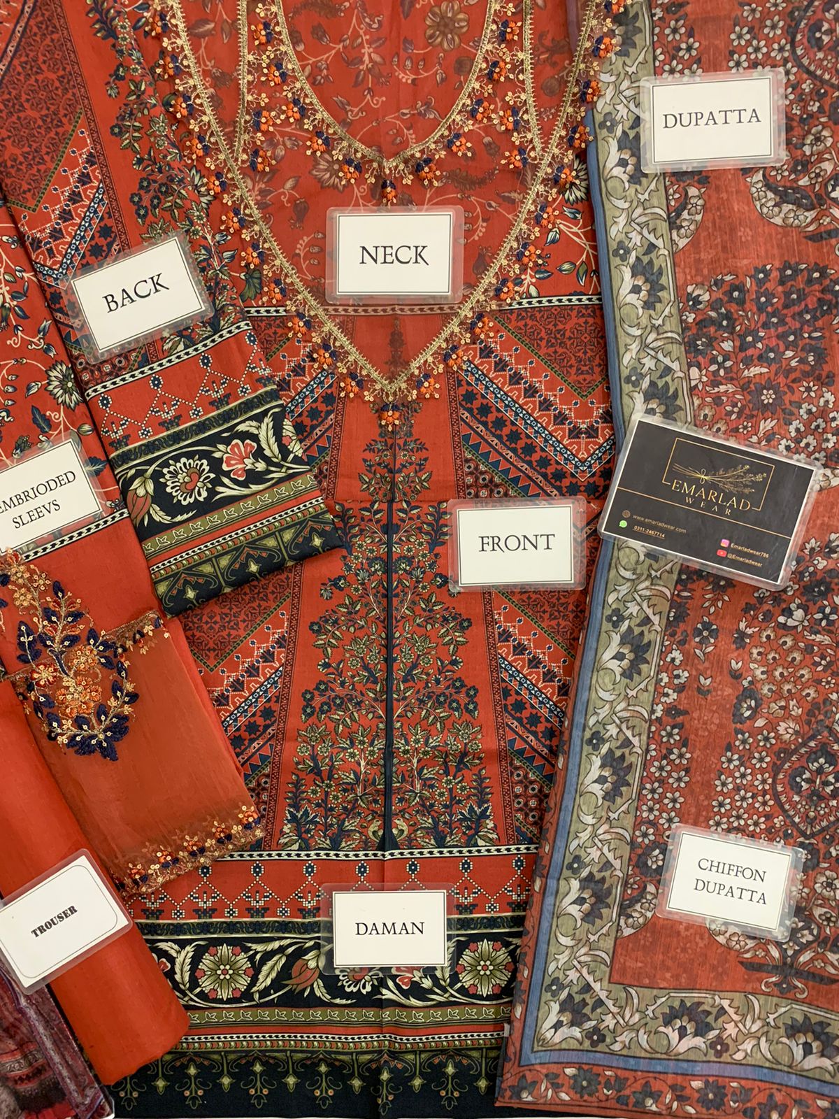 Maria B Cambric Cotton Red Chiffon Dupatta