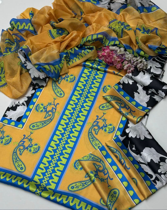 Shamoze silk - 3 Piece - Digital Print - Azure Bloom