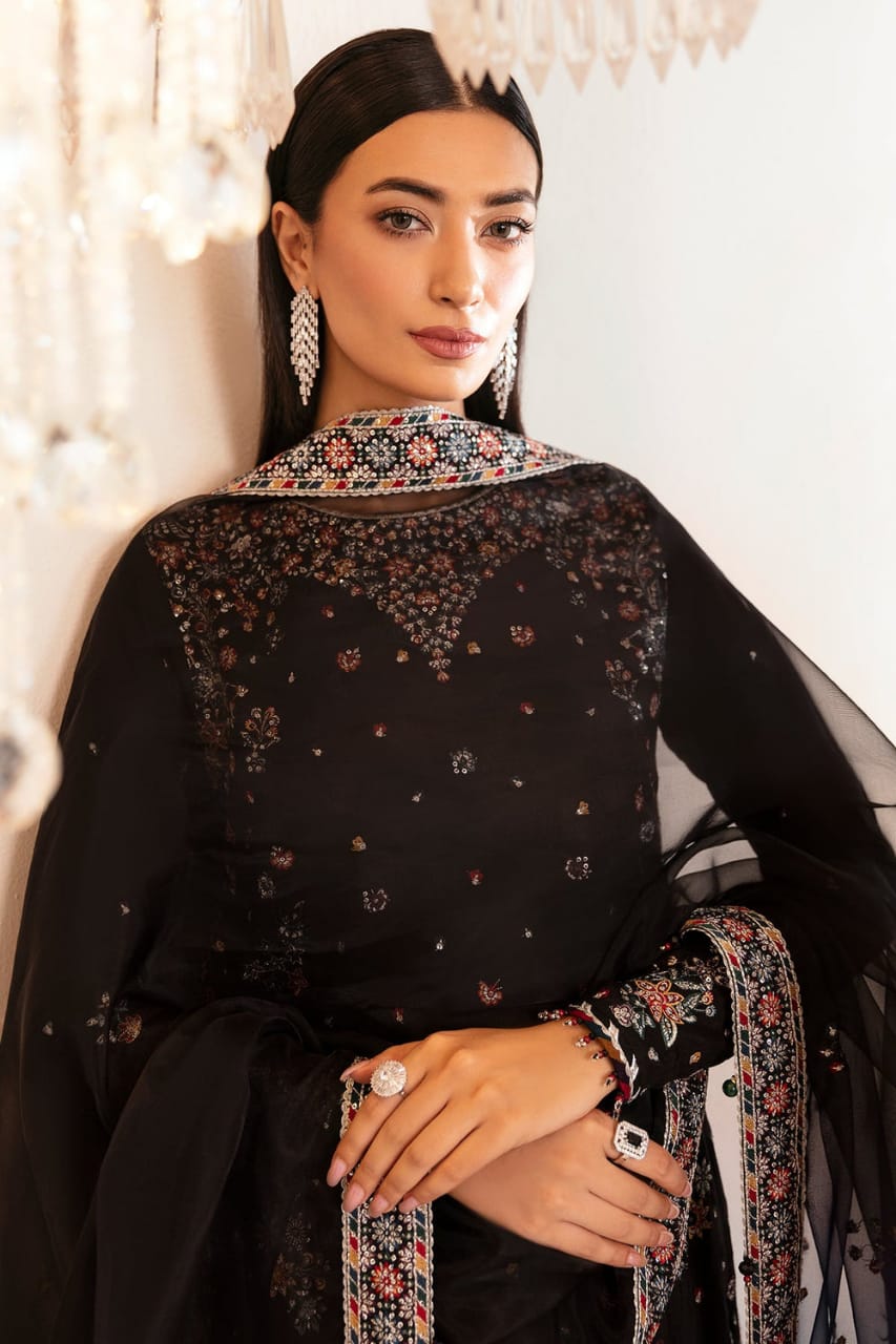 Jazmin | Embroidered Black Raw Silk - Tie & Dye Dupatta