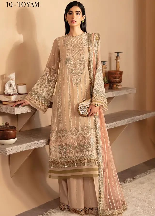 TOYAM | Xenia Formal Chiffon Dress - Beige ( Unstitched ) Eastern Emarlad Wear TOYAM | Xenia Formal Chiffon Dress - Beige ( Unstitched ) Eastern Emarlad Wear