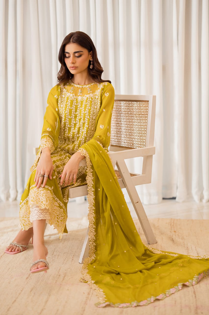 Azure | Amber Glow - Dhani Yellow - Semi pure Chiffon Unique
