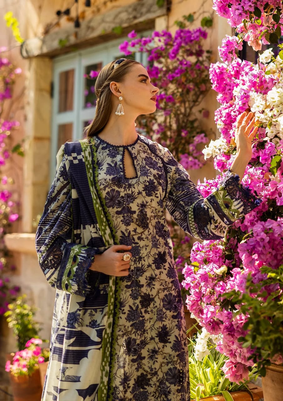 Elaf | Grey Blue - Printed Lawn With Chikankari Collection