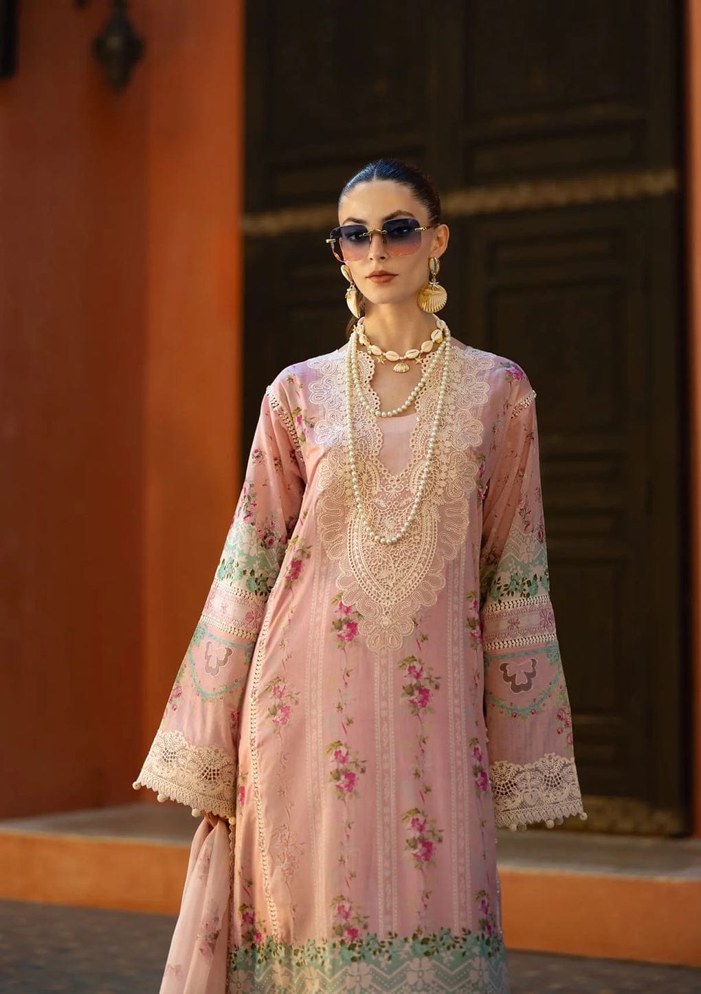 Elaf Premium Pink Petal ETS-01B | Peach - Printed Chikankari Collection