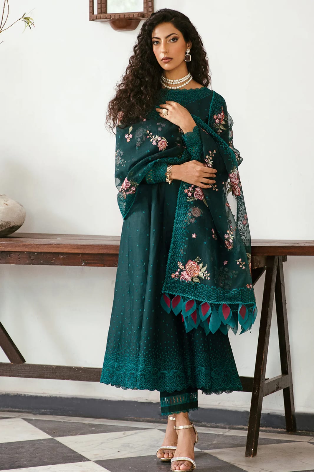 Jazmin Dark Green Shiffle Chikankari Dress 3pc Emarlad Wear Jazmin Dark Green Shiffle Chikankari Dress 3pc Emarlad Wear