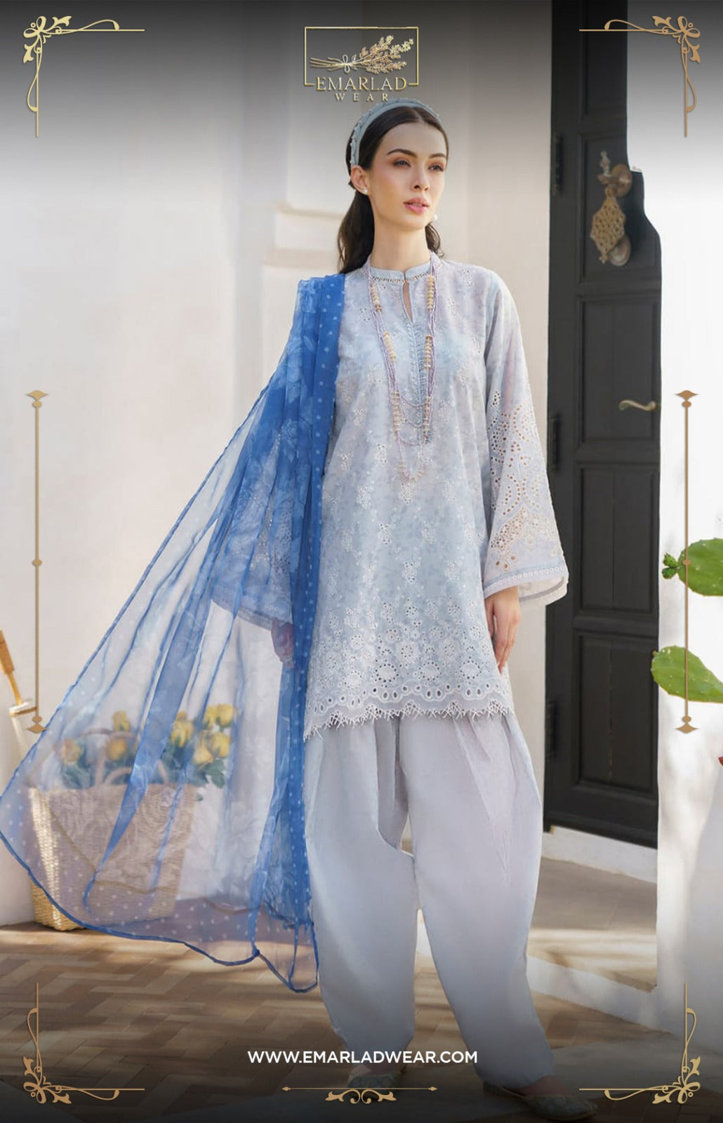 Baroque Gray Blue Pure Lawn Embroidery Shifle Chikankari Dress 3pc Emarlad Wear Baroque Gray Blue Pure Lawn Embroidery Shifle Chikankari Dress 3pc Emarlad Wear