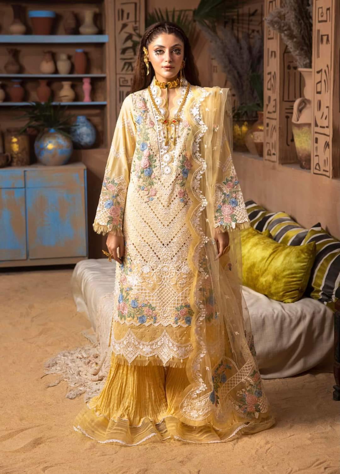 ADAN LIBAS YELLOW LUXURY LAWN CHIKANKARI DRESS
