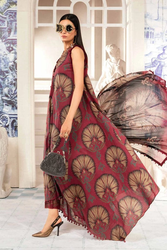 M.B New Arrival Maroon Print Embroidery 3pc