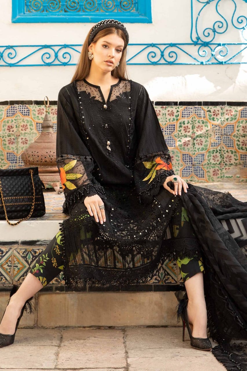 Maria B Black Luxury Lawn Embroidery Chikankari Dress 3pc