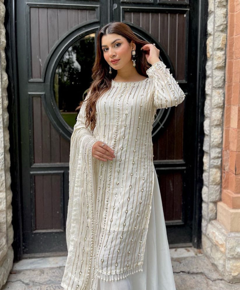 Designer Wear off White Formal Collection Chiffon Embroidery Dress New Arrival
