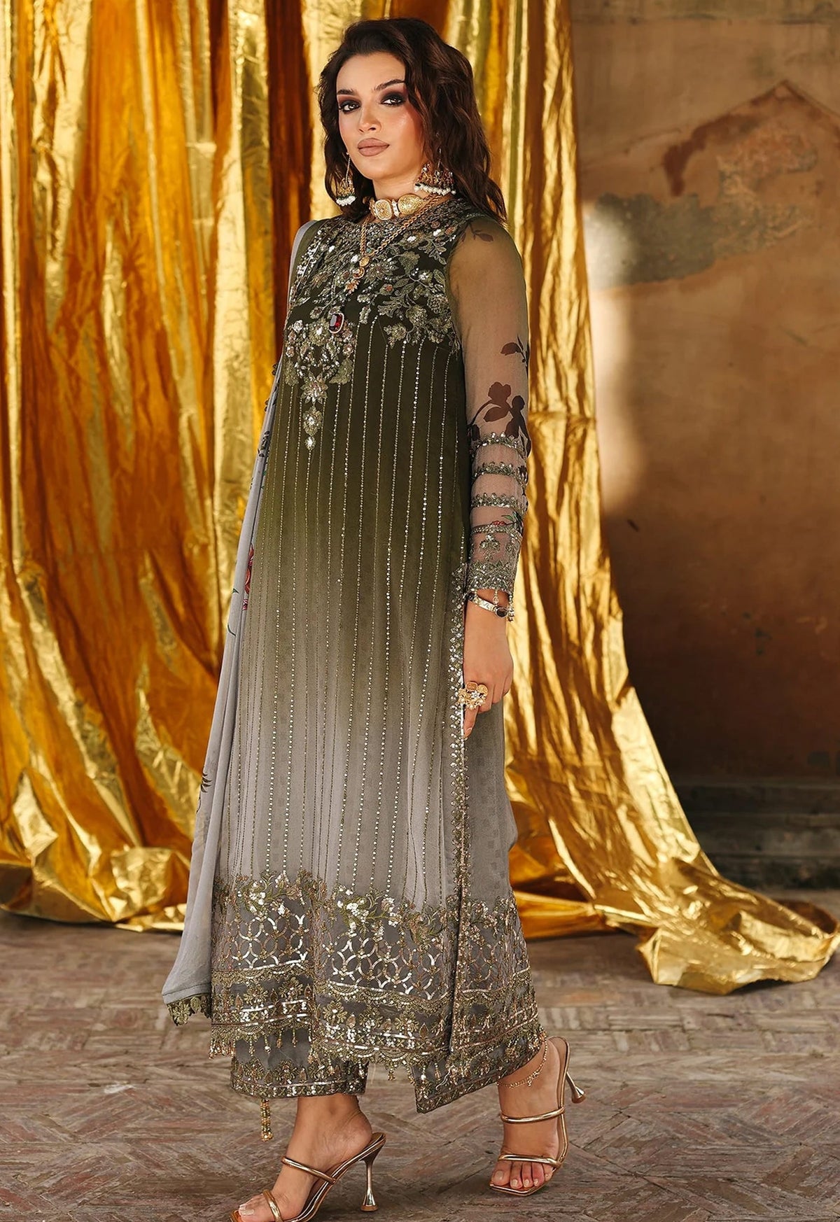 Charizma | Tie & die Mehndi with Grey - Chiffon Collection