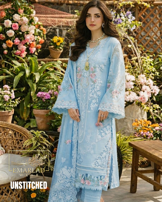 Elaf Sky Blue Luxury Lawn 3 Piece Unstitched Embroidered Suit with Heavy Embroidered Organza Dupatta