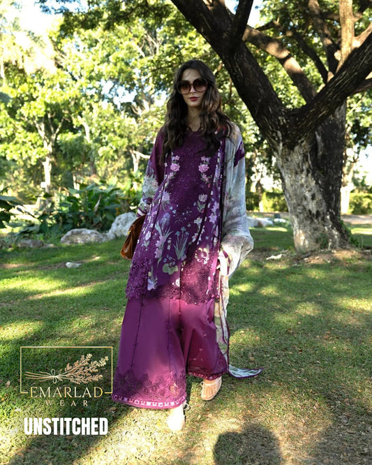 Elaaf Lawn Collection 2026 Dark Purple 3 Piece Unstitched Embroidered Lawn Suit with Printed Chiffon Dupatta