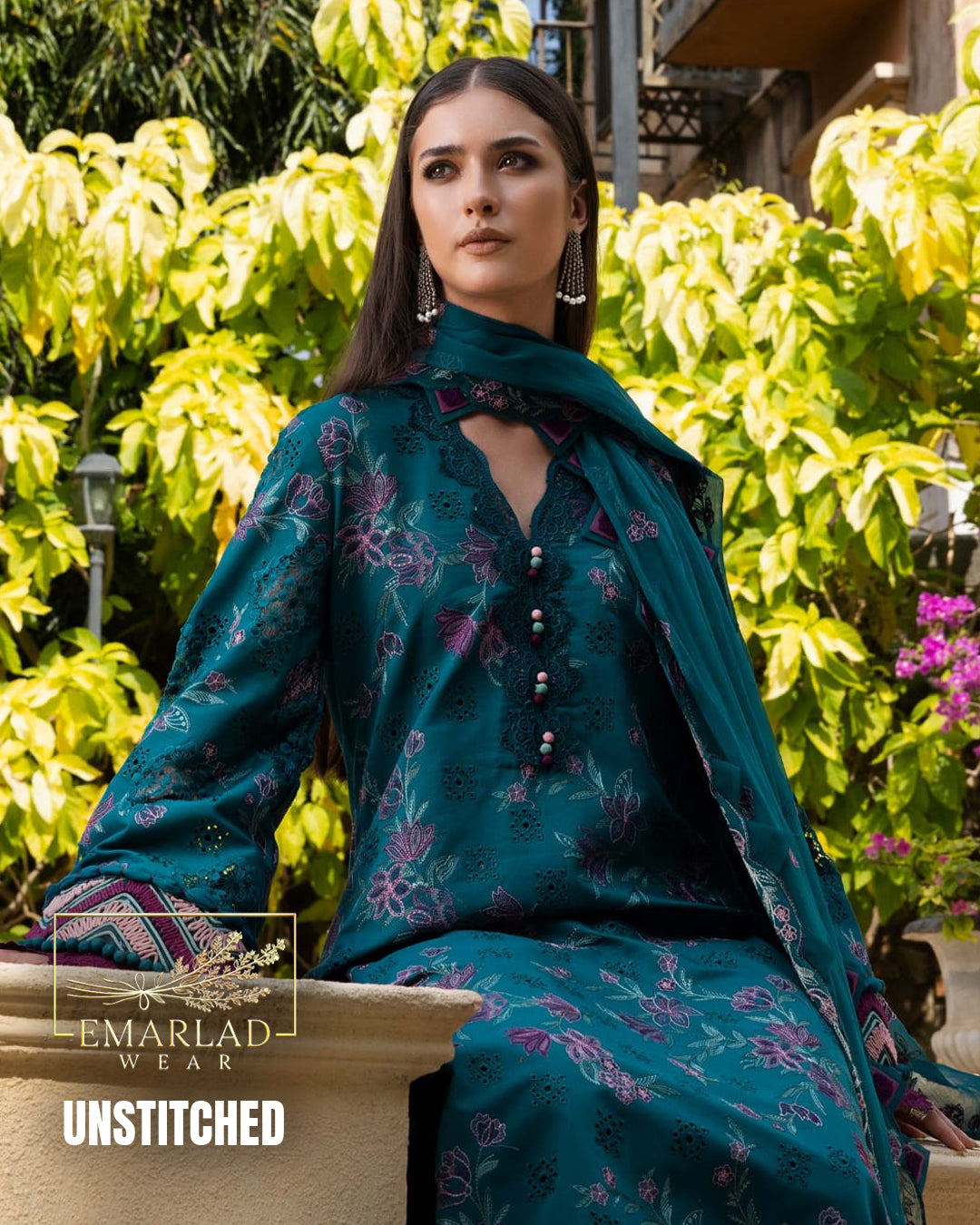 blue and green embroidered dress Maria B Luxury Lawn Collection Peacock Green Embroidered Dress with Or –  Emarlad Wear