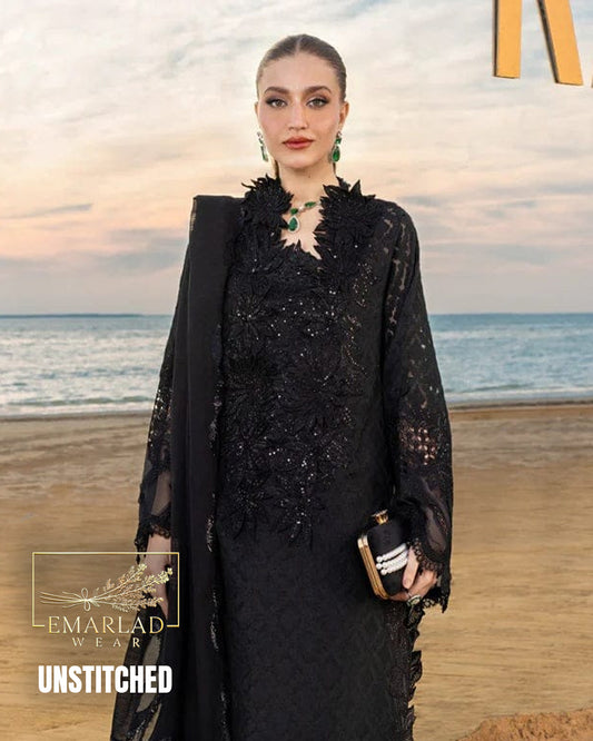 Rung Rasia Luxury Lawn Collection Black Embroidered 3 Piece Unstitched Suit – Premium Designer Lawn