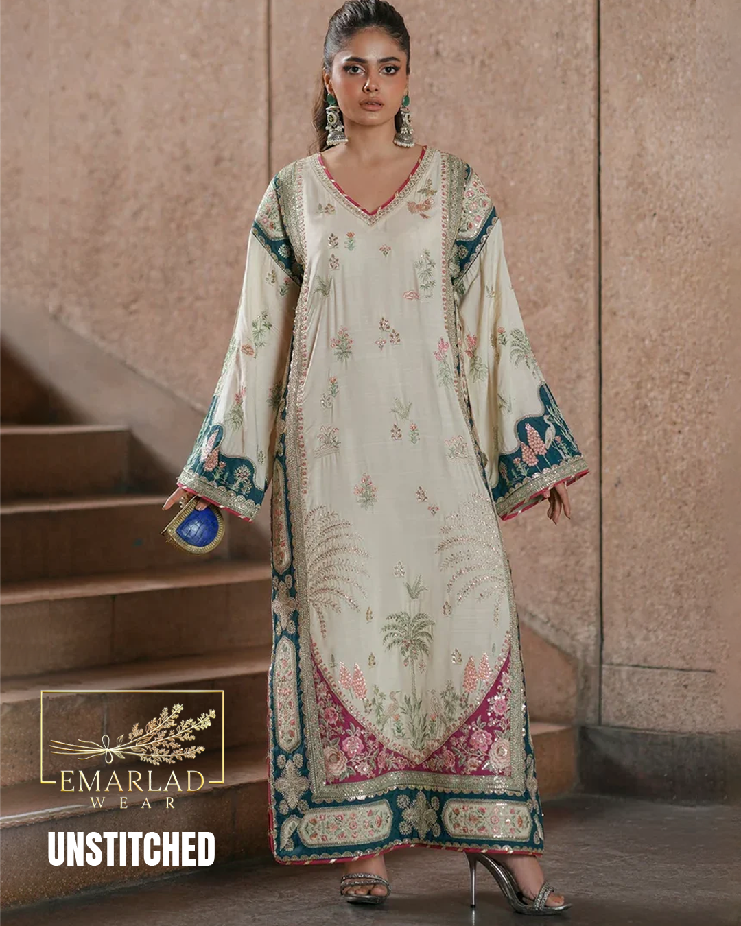 Ethnic Off White 3 Piece Silk Kaftan Unstitched Suit