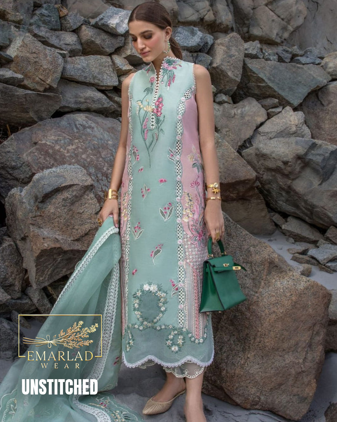Crimson Green Pink Unstitched Replica Lawn Cotton Suit with Organza Dupatta