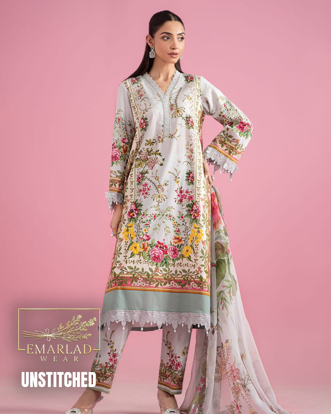 M.B M-Print Lawn 2025 Light Grey 3PC Embroidered Suit | MPT-2605A/B