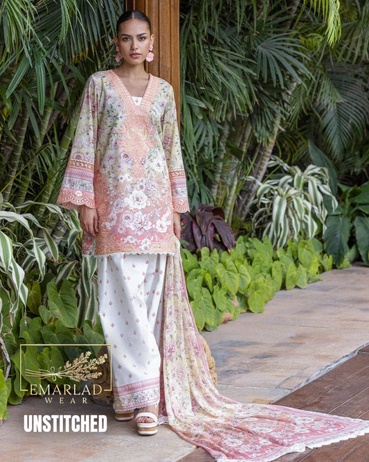 Zainab Chottani Tie & Dye Lawn Suit White & Peach | Embroidered Chiffon Dupatta | Unstitched 3 Piece Summer Collection