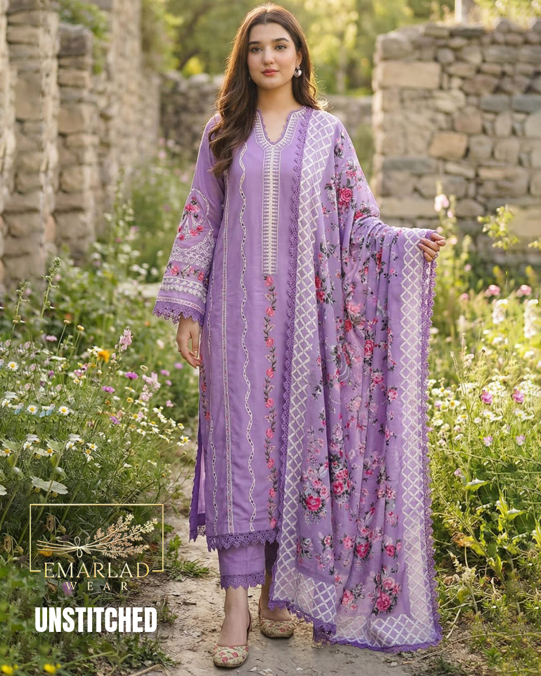Aneela Chikenkari Noor Purple Unstitched 3 Piece Lawn Suit with Digital Silk Dupatta