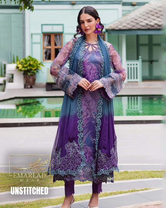 Nureh Purple Lawn Dress with Embroidered Chiffon Dupatta & Printed Trouser