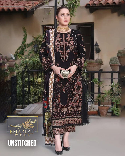 Aneelas Luxury Embroidered Black Cotton Suit with Silk Dupatta – Premium 3PC Collection