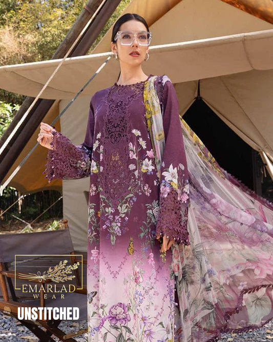 Maria B Tie & Dye Dark Purple 3 Piece Printed Lawn Chicken Kari Embroidered Suit with Chiffon Dupatta