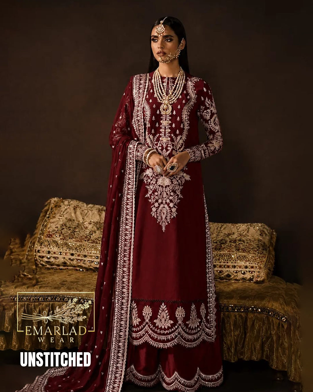 Afrozeh Mehroon Luxury Heavy Embroidered Chiffon Suit
