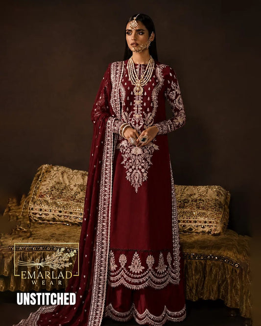 Afrozeh Mehroon Luxury Heavy Embroidered Chiffon Suit