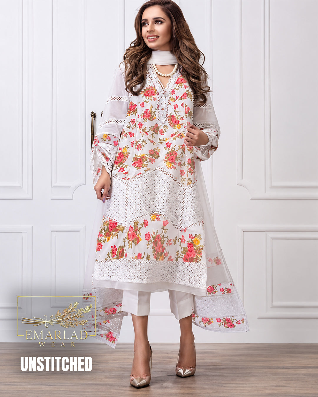 Bisma Khan White Chicken Kari Digital Printed 3 Piece Suit
