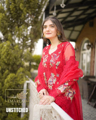 Aneelas Red Luxury Embroidered Lawn 3PC Suit – Premium Designer Collection