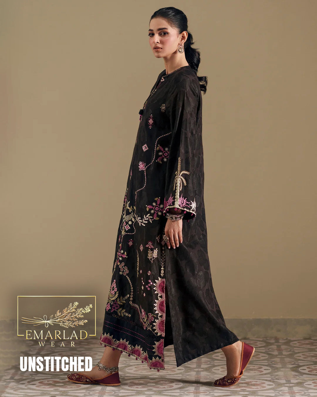 Ethnic Black Pink 2 Piece Shalmoz Silk Embroidered Suit