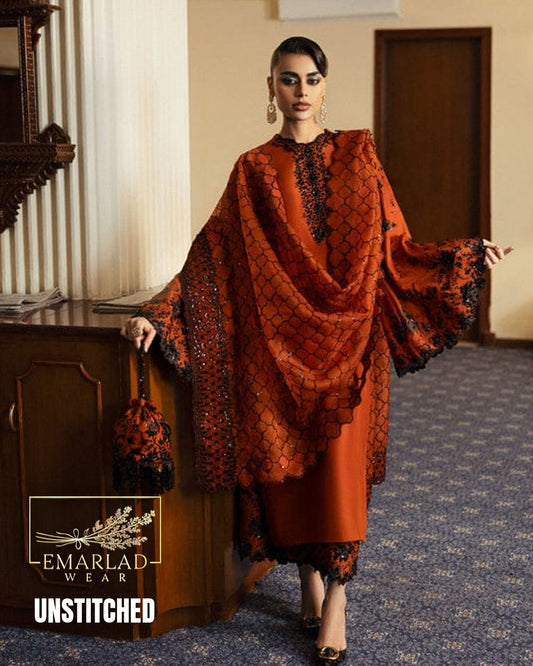 Hussain Rehar Rust Orange 3PC Unstitched Raw Silk Suit with Heavy Adda Work & Organza Dupatta