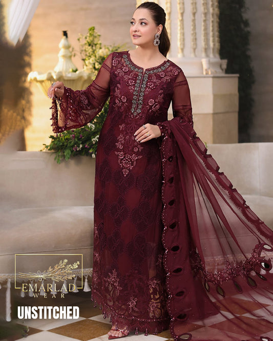 Maria B Luxury Chiffon Collection Maroon Embroidered Dress with Chiffon Dupatta