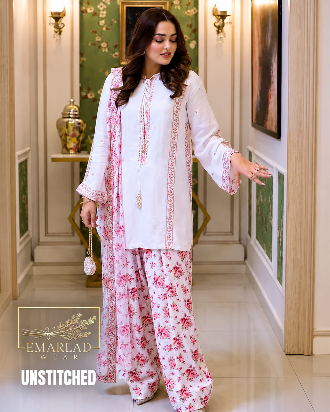 Aneelas White Pink Charmoush Silk Embroidered 3 Piece Suit ACL-FC-30-26