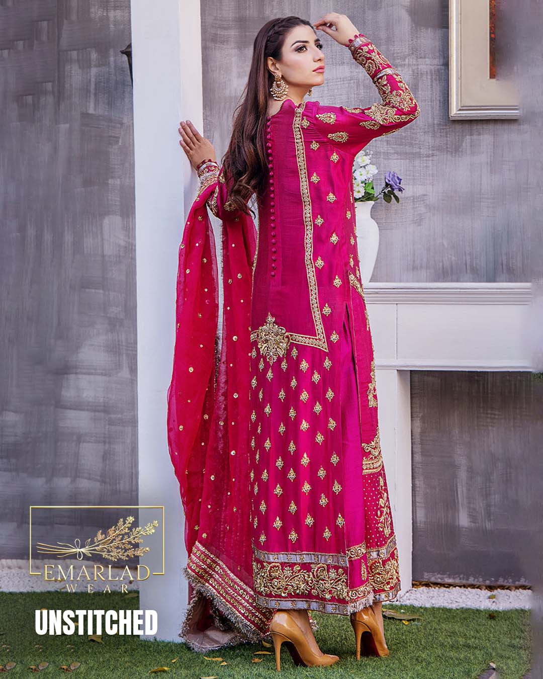 Nameera by Farooq Shocking Pink Silk Suit with Net Dupatta