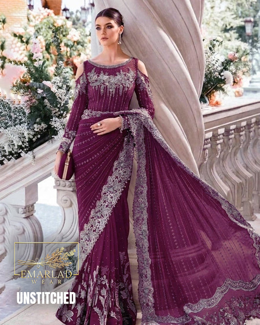 Maria B Dark Purple Net Saree Replica with Silk Trouser & Sequence Work